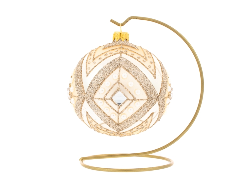 Boule De Noël Moderne Champagne Décor Géométrique Et Perles ø 10cm