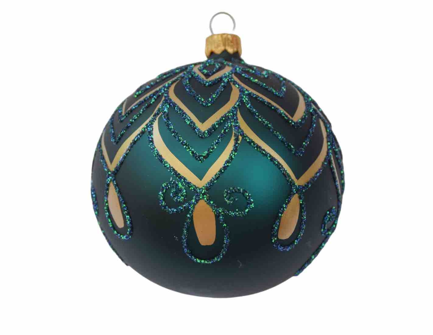 Boule de Noël verte décors luxe dorés verre soufflé D 10cm