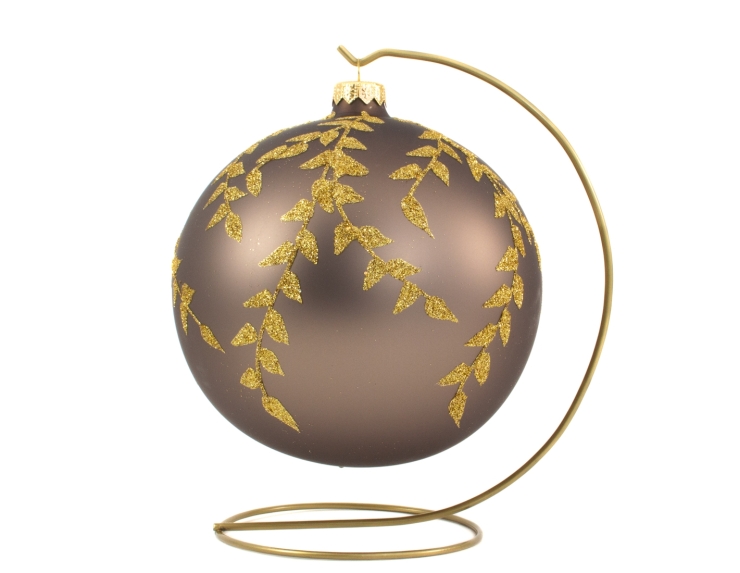 Boule De Noël Taupe Mat Décor Feuilles Dorées Avec Support ø 15cm