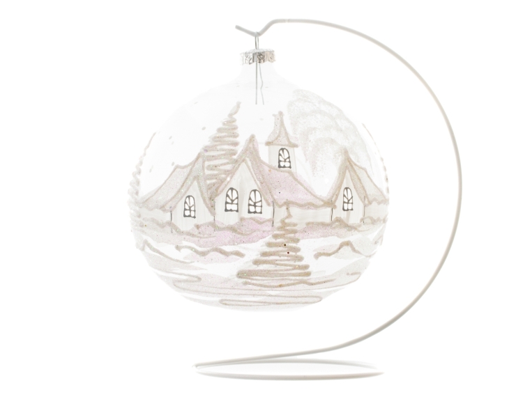 Grande Boule De Noël En Verre Transparente Village Blanc ø 15cm