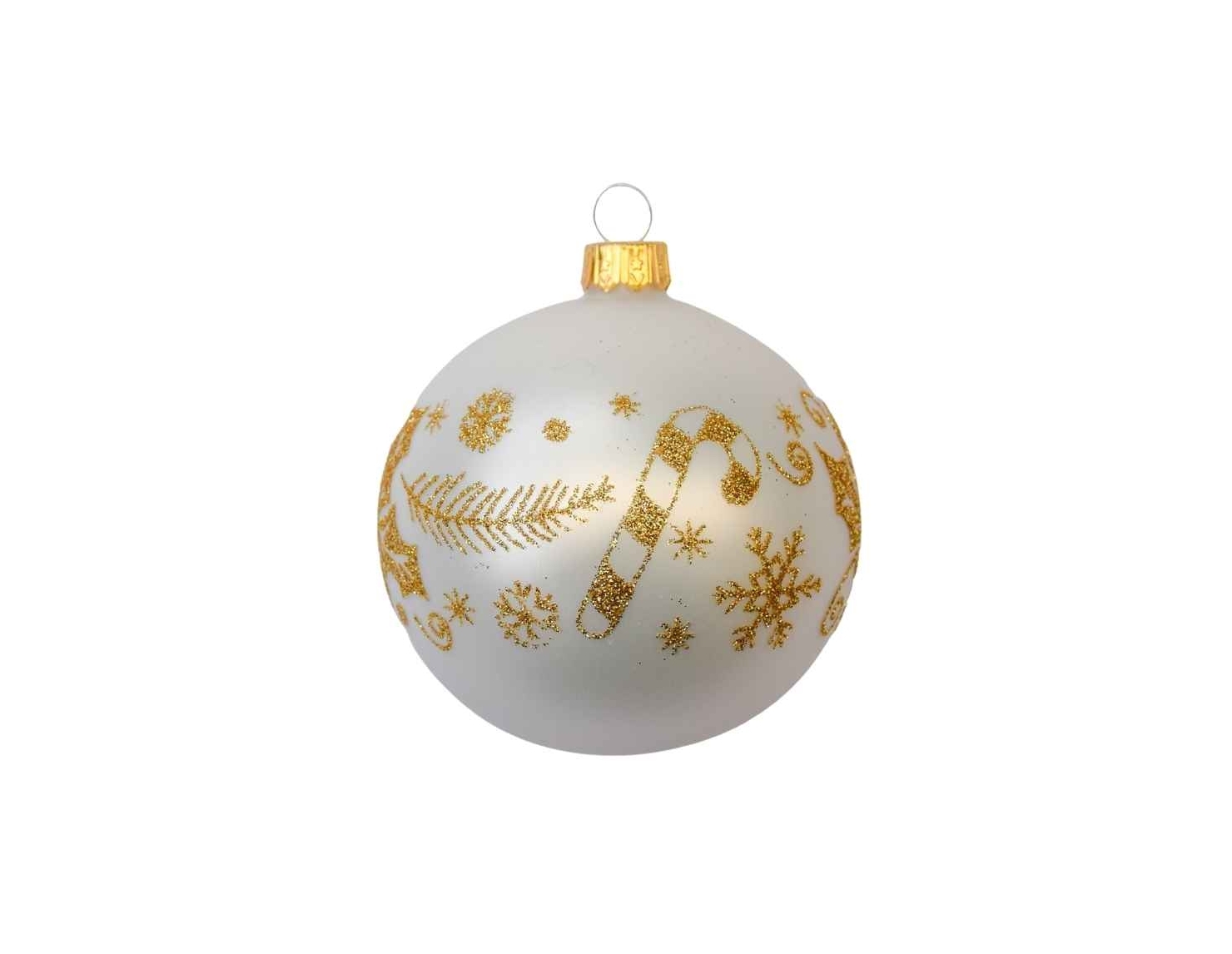 Boule de Noël blanche décor Noël dorés D8cm Verre Made in Europe