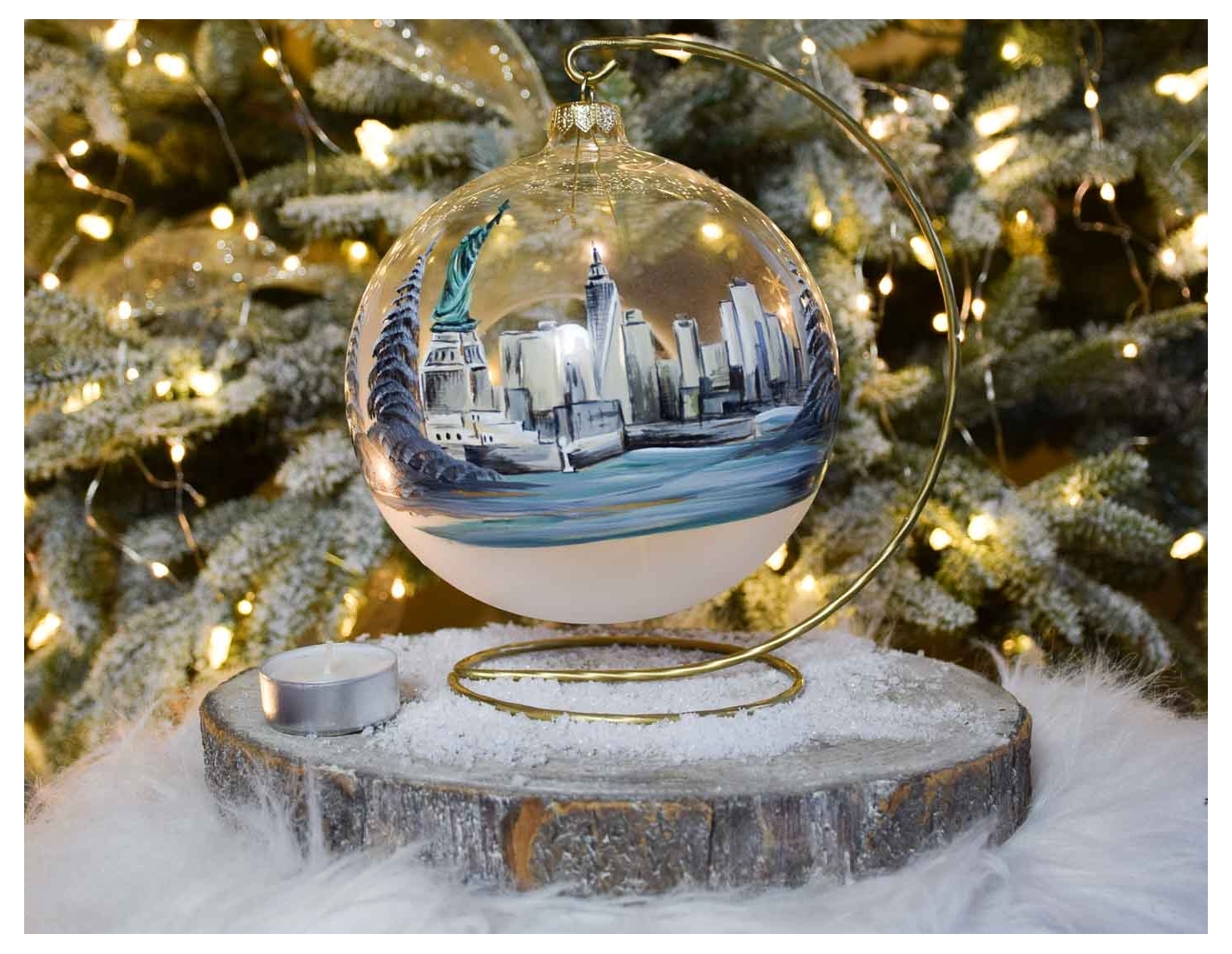 Photophore de Noël New York verre soufflé avec support D15cm