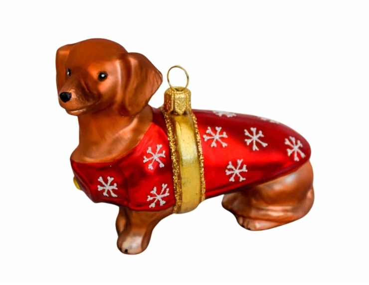 Suspension de Noël chien teckel avec petit pull de Noël rouge, verre soufflé et décoré à la main. Made in Europe. Hauteur : 7cm