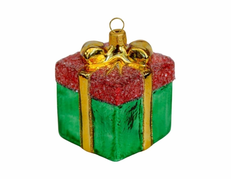 boule de Noël cadeau vert rouge et doré en verre soufflé