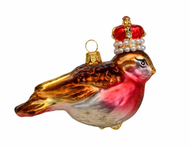 Suspension de Noël oiseau rouge gorge avec couronne en perle, verre soufflé et décoré à la main en Europe.