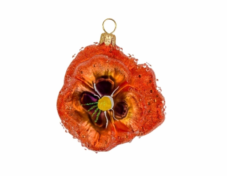 Suspension de Noël originale en verre soufflé, fleur pensée orange. Diamètre : 7cm