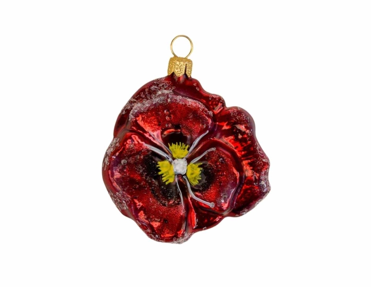 Suspension originale en verre soufflé, fleur pensée rouge. Diamètre : 7cm