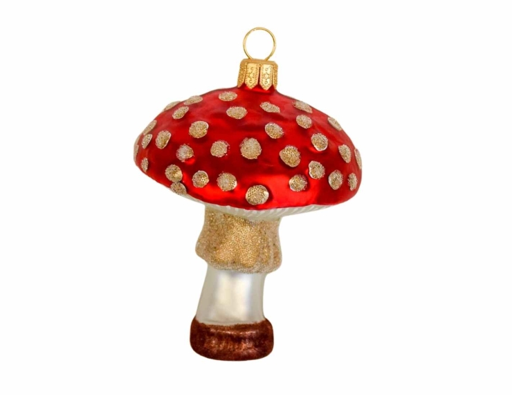 Suspension de Noël champignon rouge et à pois blancs en verre soufflé et décoré à la main. Hauteur : 9cm