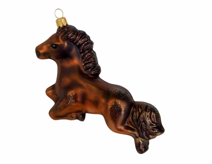 Déco de Noël pour sapin cheval brun au galop, verre soufflé et décoré à la main. Made in Europe, Hauteur : 16cm.