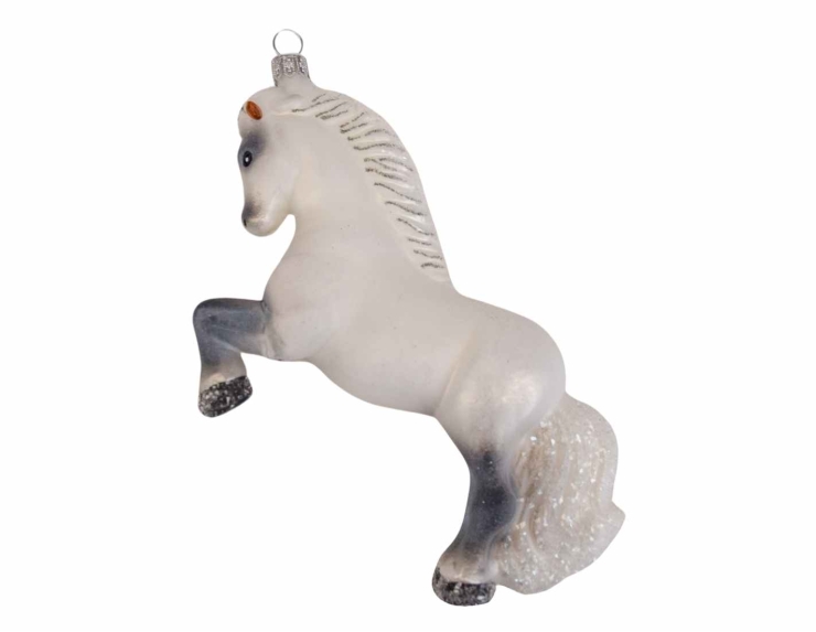 Suspension de Noël cheval blanc cabré, verre soufflé et décoré à la main. Made in Europe, hauteur : 18cm