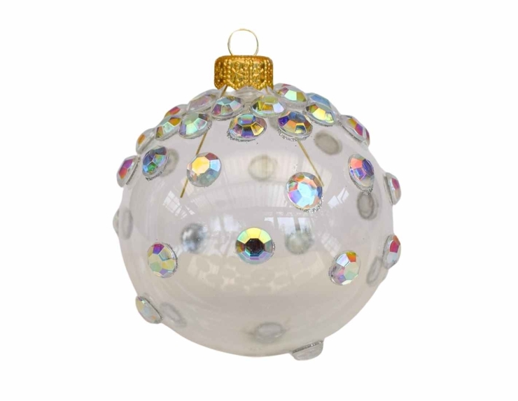 Boule de Noël en verre soufflé transparente avec cristaux brillants, ornement de Noël artisanal.