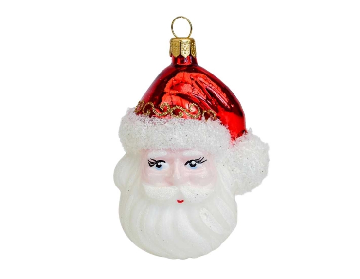 Suspension de Noël visage du Père Noël, en verre soufflé pour sapin de Noël. Hauteur 9cm, made in Europe.