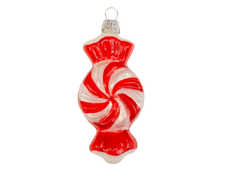 Suspension de Noël bonbon rouge blanc H13cm, verre soufflé et peint à la main. Made in Europe.