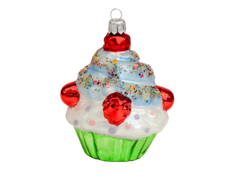 Suspension de Noël cupcake blanc et rouge, verre soufflé H11cm, Made in Europe.