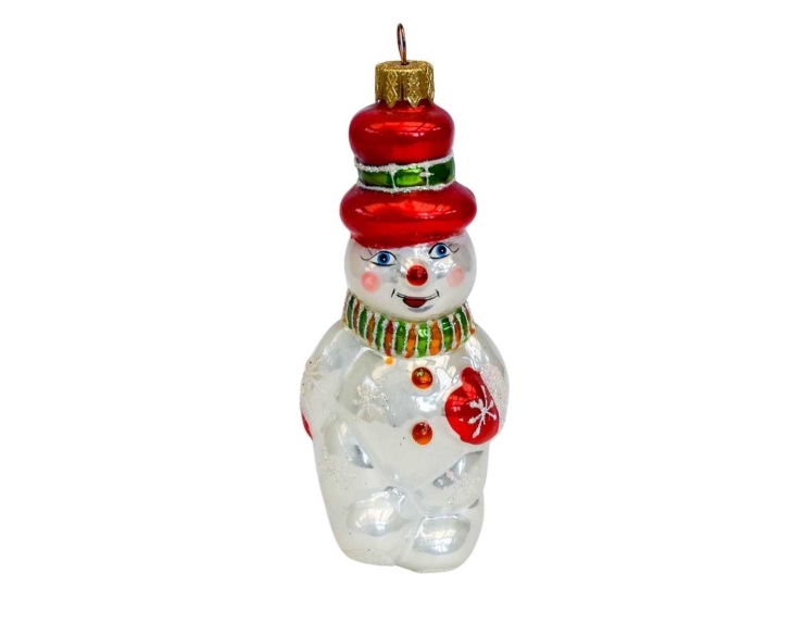 Suspension de Noël bonhomme de neige en verre soufflé avec chapeau rouge, décoré à la main.