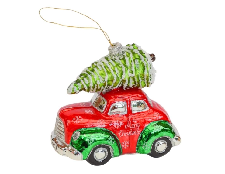 Suspension de Noël voiture rouge avec inscription "Merry Christmas" et sapin sur le toit, verre soufflé et peinte à la main.