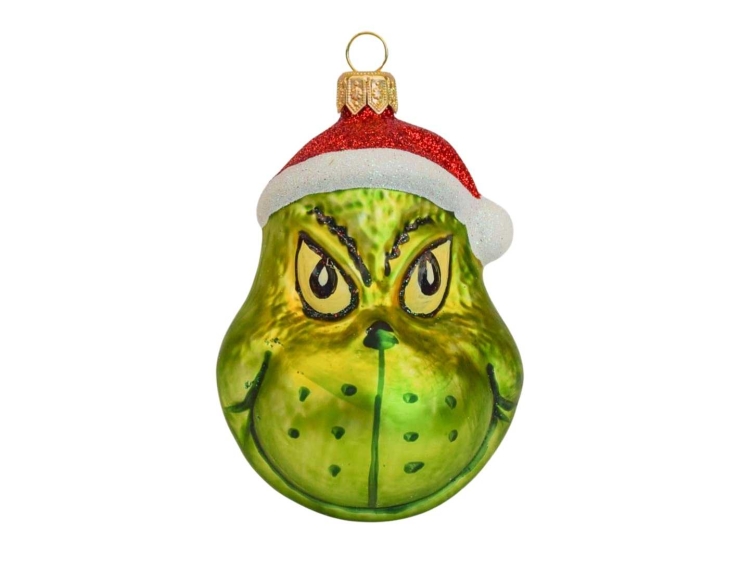 Boule de Noël Le Grinch avec son bonnet de Noël, verre soufflé et peint à la main. Made in Europe.
Hauteur : 10cm