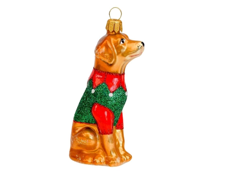 Suspension de Noël chien Labrador avec pull de Noël, verre soufflé et peint à la main. Made in Europe, Hauteur : 10cm