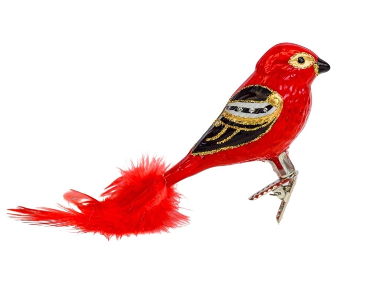 Boule de Noël oiseau cardinal rouge doré et noir en verre soufflé sur clip pour attacher à votre sapin de Noël.