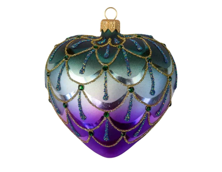 Boule de Noël coeur vert mauve avec décors dorés verre soufflé, made in Europe, hauteur 10cm.