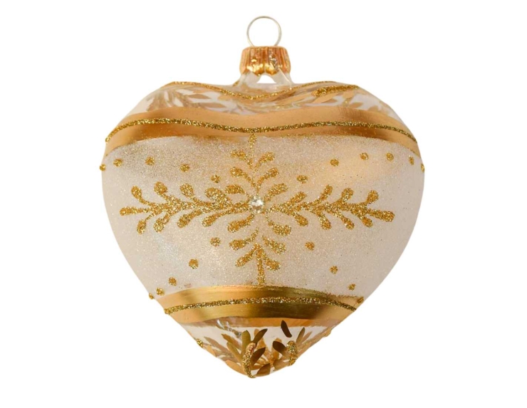 Boule de Noël coeur transparent et givré avec décor flocon peint à la main, verre soufflé. Hauteur : 10cm