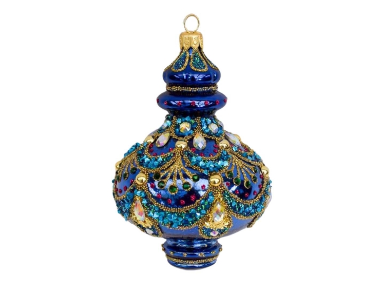 Goutte de Noël bleue, dorée de style baroque avec strass et paillettes, fait main en verre soufflé. Made in Europe