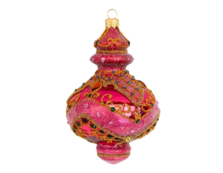 Goutte de Noël rose, dorée de style baroque avec strass et paillettes, fait main en verre soufflé. Hauteur : 15cm