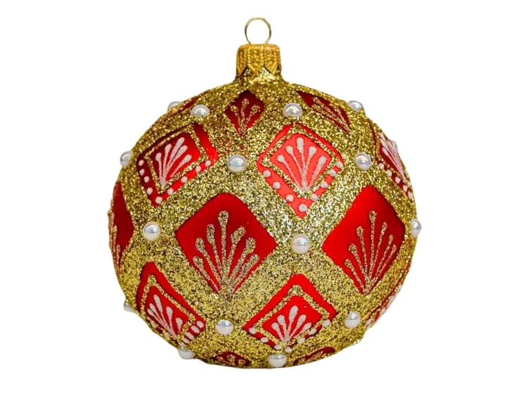 Boule de Noël rouge doré perles D10cm