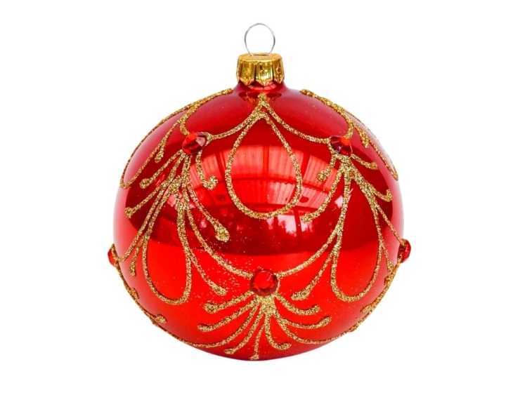 Boule de Noël rouge brillante avec décors dorés et strass rouge peintes à la main, verre soufflé. Diamètre : 10cm