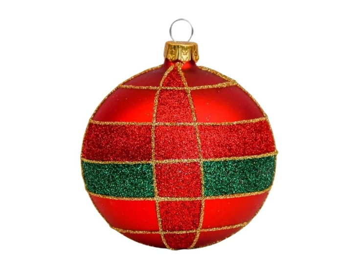 Boule de Noël rouge mat en verre, décor tartan en paillettes rouges et vertes, lignes dorées peintes à la main.