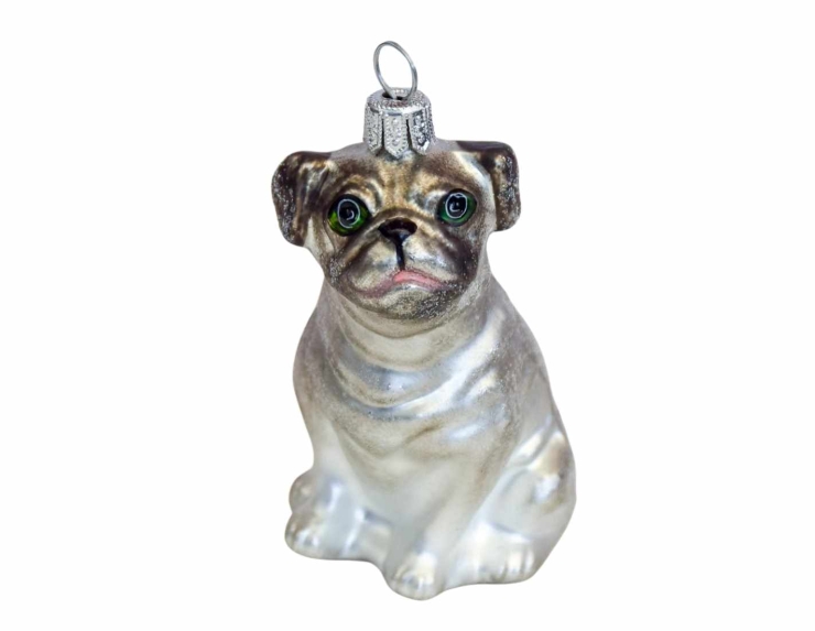 Suspension de Noël originale chien bulldog anglais gris en verre souffle et peint à la main. Hauteur : 10cm.