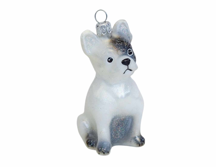 Suspension de Noël originale chien bulldog français blanc en verre souffle et peint à la main. Hauteur : 10cm