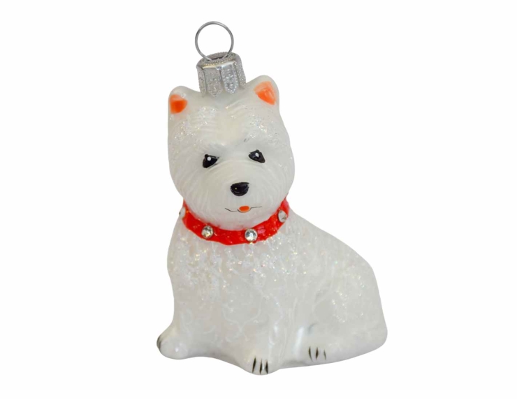 Boule de Noël chien westie blanc avec collier rouge en verre soufflé, déco pour sapin de Noël. Made in Europe