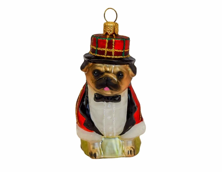 Boule de Noël chien Carlin en verre soufflé avec son costume de Noël. Décoration à suspendre au sapin de Noël , made in Europe