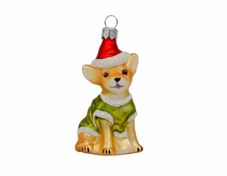 Suspension de Noël petit Chihuahua avec pull vert et bonnet de Noël. Décoration à suspendre sur le sapin de Noël, made in Europe