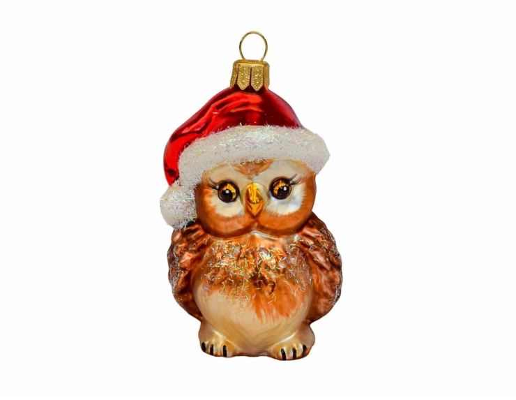 Boule de Noël hibou avec bonnet de Noël rouge et blanc, verre soufflé et décoré à la main.