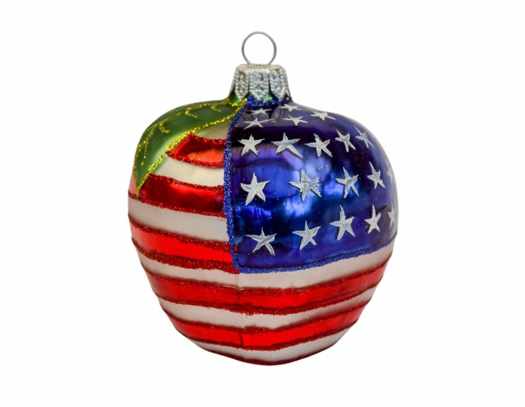 Boule de Noël en forme de pomme à l'emblème de l'Amérique et la Big Apple.