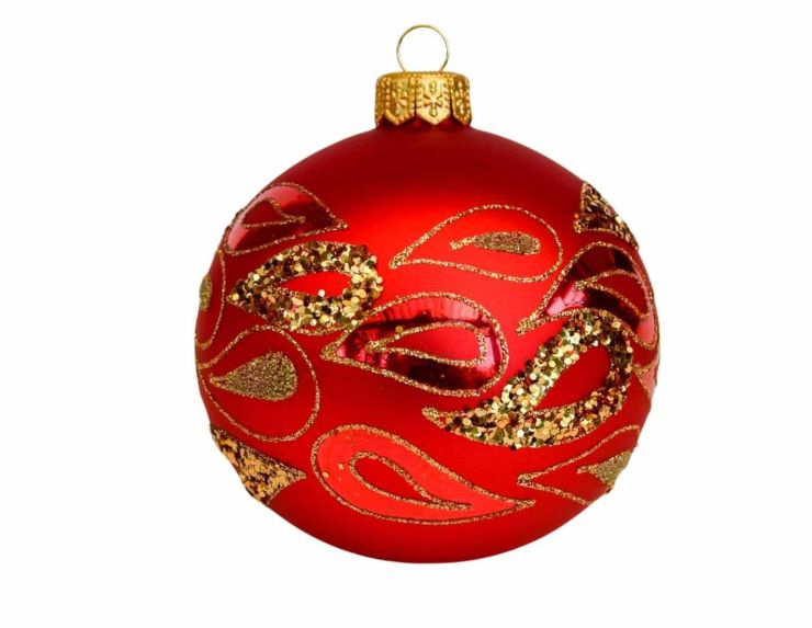 Boule de Noël rouge en verre soufflé, décors en formes de gouttes dorées peintes à la main.  Diamètre : 8cm