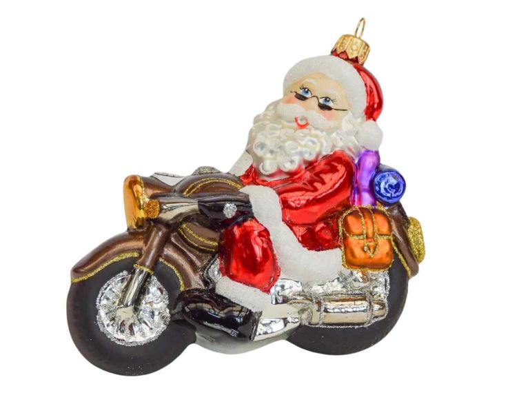 Suspension de Noël Père Noël sur sa moto brune en verre soufflé décoré à la main. Hauteur 13cm, made in Europe