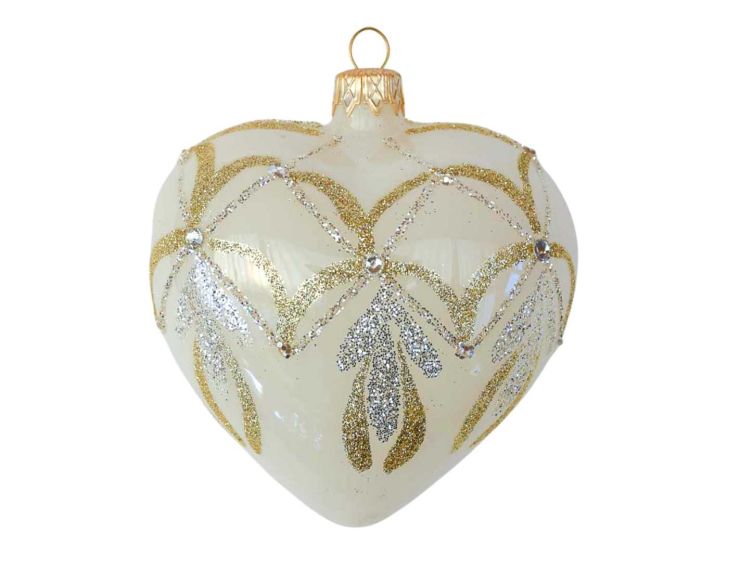 Boule de Noël coeur blanc crème avec décors pailleté doré et champagne, verre soufflé et décoré à la main. Hauteur 10cm.