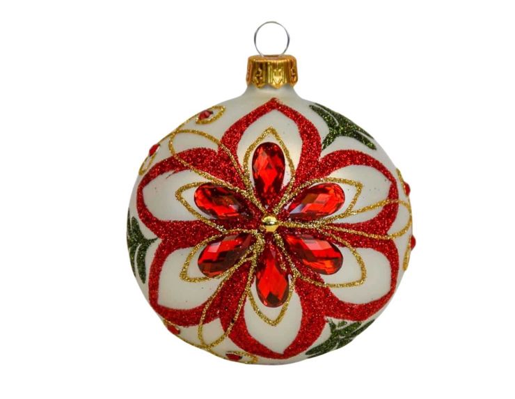 Boule de Noël blanche en verre avec décor de Poinsettia en strass et peint à la main. Diamètre : 8cm