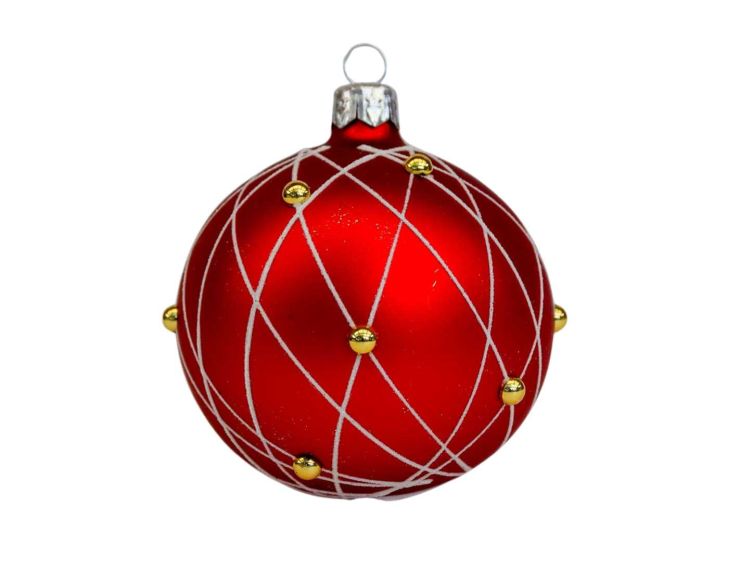 Boule de Noël rouge en verre avec lignes blanches et perles dorées. 
Diamètre : 8cm