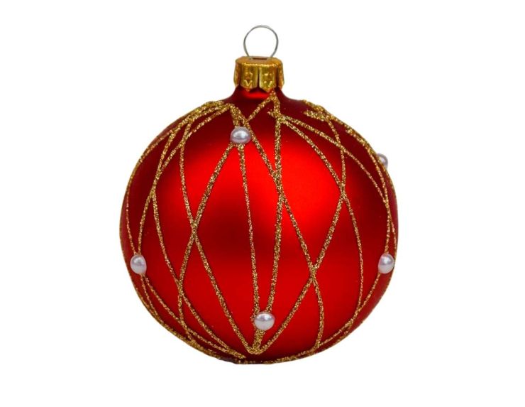 Boule de Noël rouge en verre avec lignes dorées et perles blanches, rouge mat. 
Diamètre : 8cm