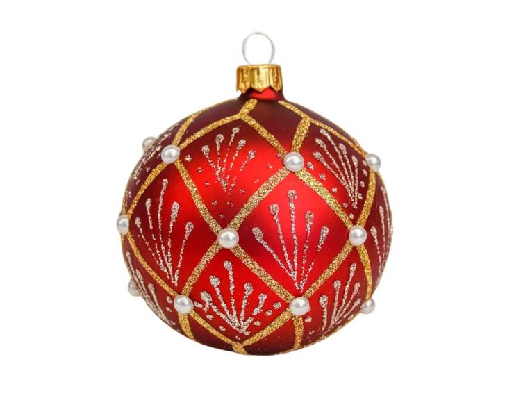 Boule de Noël rouge décors en paillettes dorées et perles blanches. Diamètre : 8cm