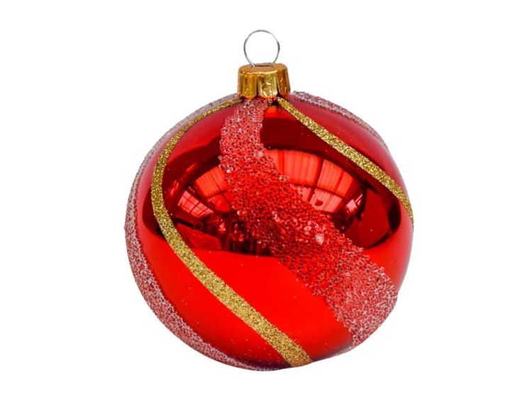 Boule de Noël rouge brillante lignes dorées D8cm