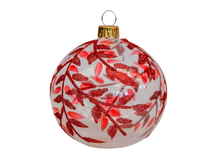 Boule de Noël transparente en verre avec feuilles rouges peintes à la main. Diamètre : 8cm