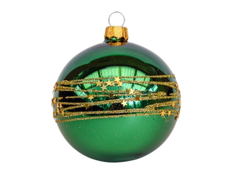 Boule de Noël verte brillante en verre avec des étoiles dorées. Made in Europe, Diamètre : 8cm