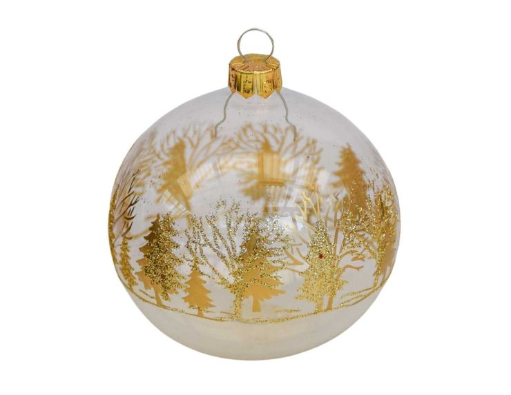 Boule de Noël transparente en verre avec décors sapins dorés tout autour de la boule. 

Diamètre : 8cm