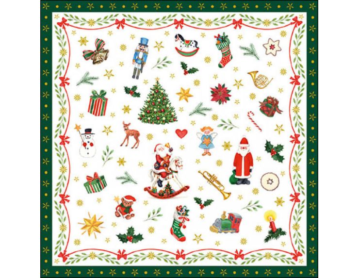 Serviette en papier décors avec symboles de Noël contour vert.