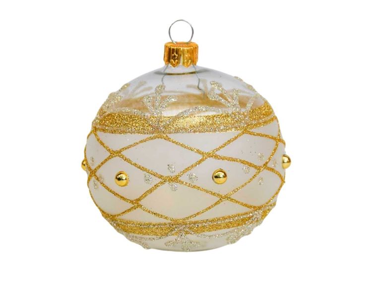 Boule de Noël transparente en verre avec des décors élégants dorés et champagnes sur le contour de la boule.